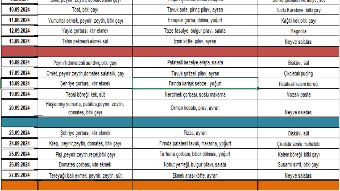 EYLÜL AYI BESLENME LİSTEMİZ