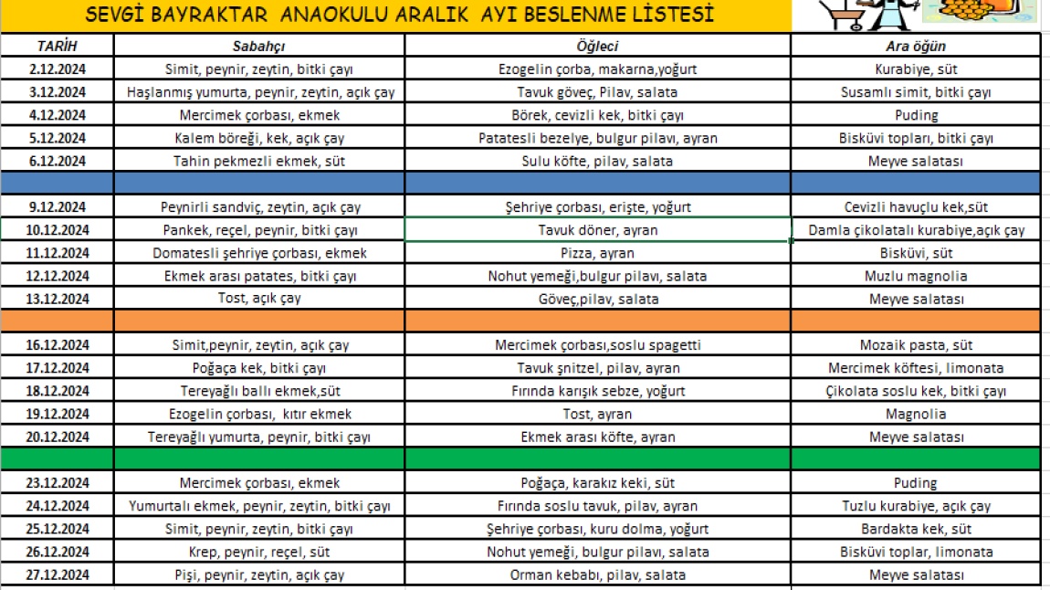 ARALIK AYI BESLENME LİSTEMİZ